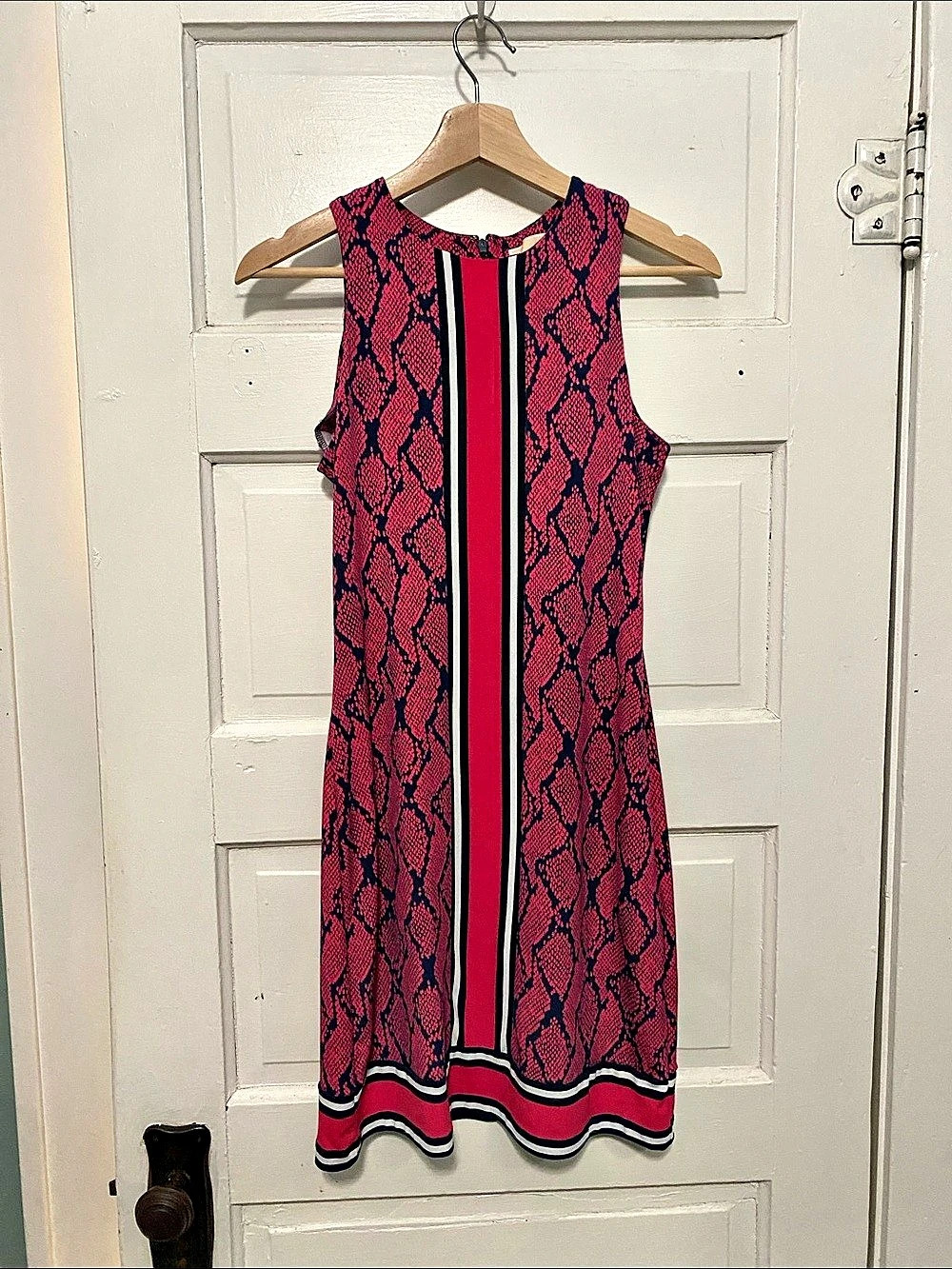 Michael Kors Pink Snake Print Shift Dress with Stripe Pink & Navy XS